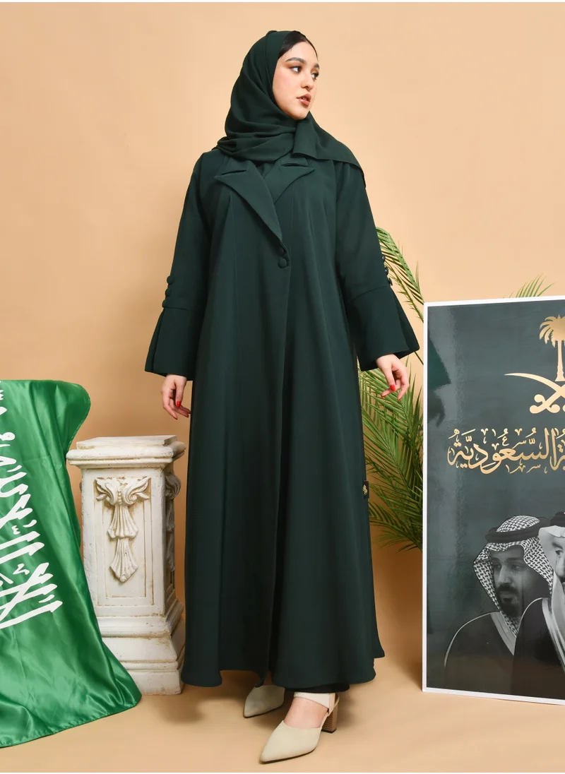 HAWRAA ABAYA Quarter cloche abaya in green with a blazer design and decorated with buttons