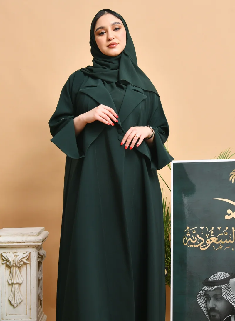 عبايات حوراء عباية ربع كلوش تصميم اليوم الوطني السعودي  باللون الأخضر بتصميم بليزر مزينة بأزرار