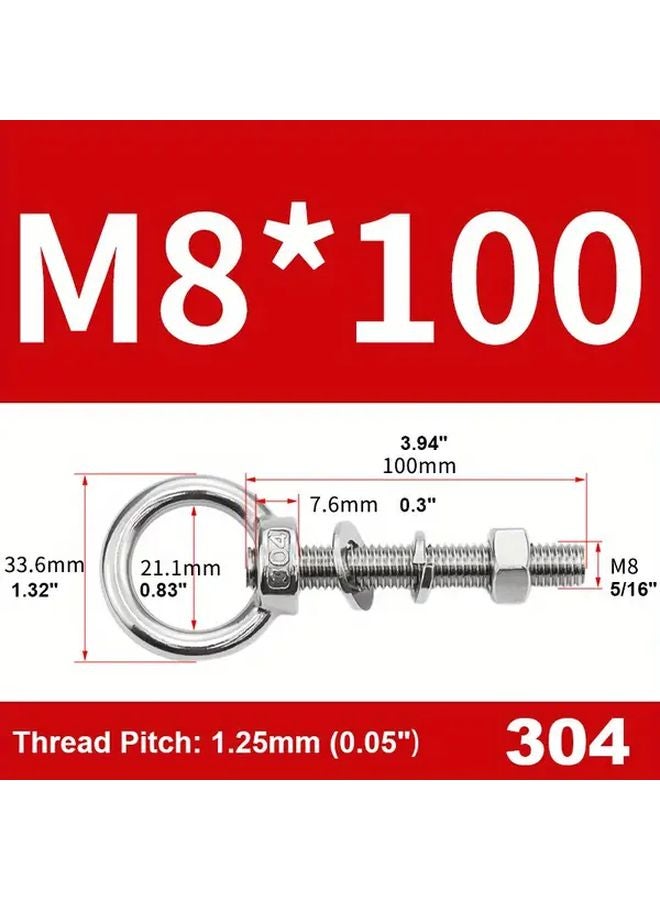 قطعتان 304 من مسامير العين الفولاذية المقاوم للصدأ M8x100 مع صواميل وسواسات، درجة بحرية، حلقات رفع مسامير - Image 4