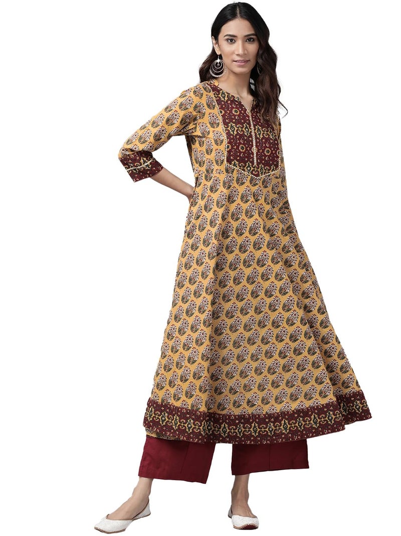 Yash Gallery Women Cotton Regular Fit Floral Printed Anarkali Kurta (1354YKMUSTARD_XS) Yellow - Image 1