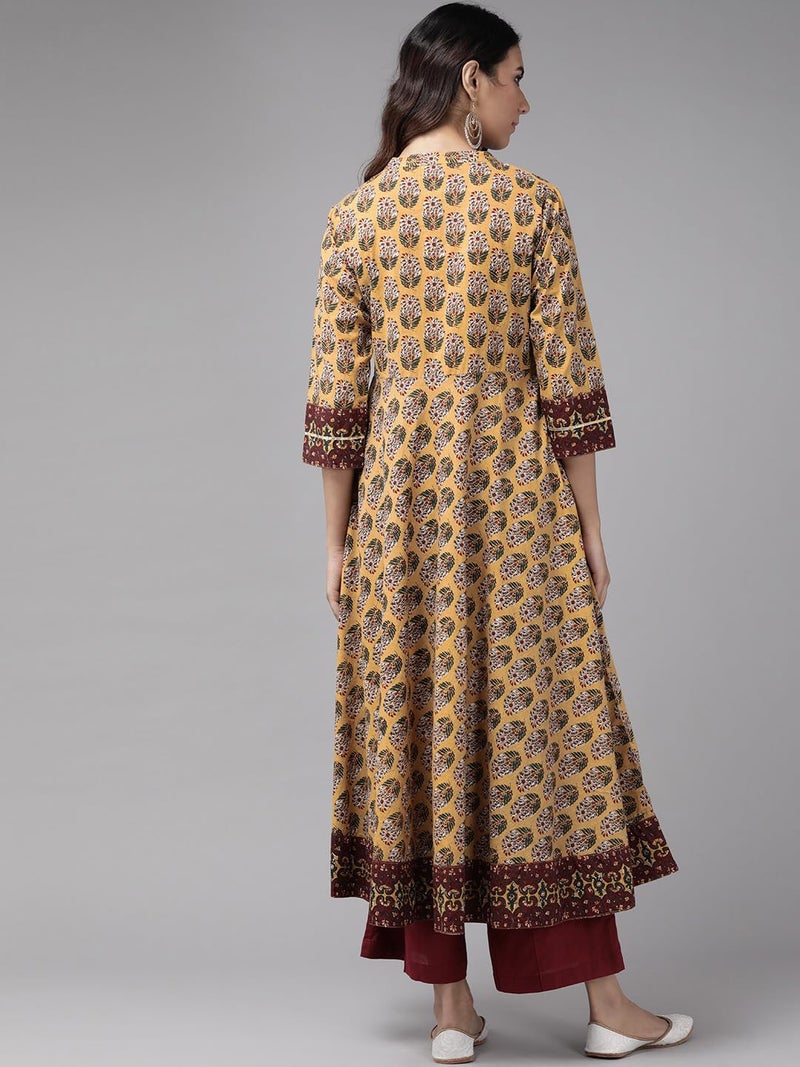 Yash Gallery Women Cotton Regular Fit Floral Printed Anarkali Kurta (1354YKMUSTARD_XS) Yellow - Image 4