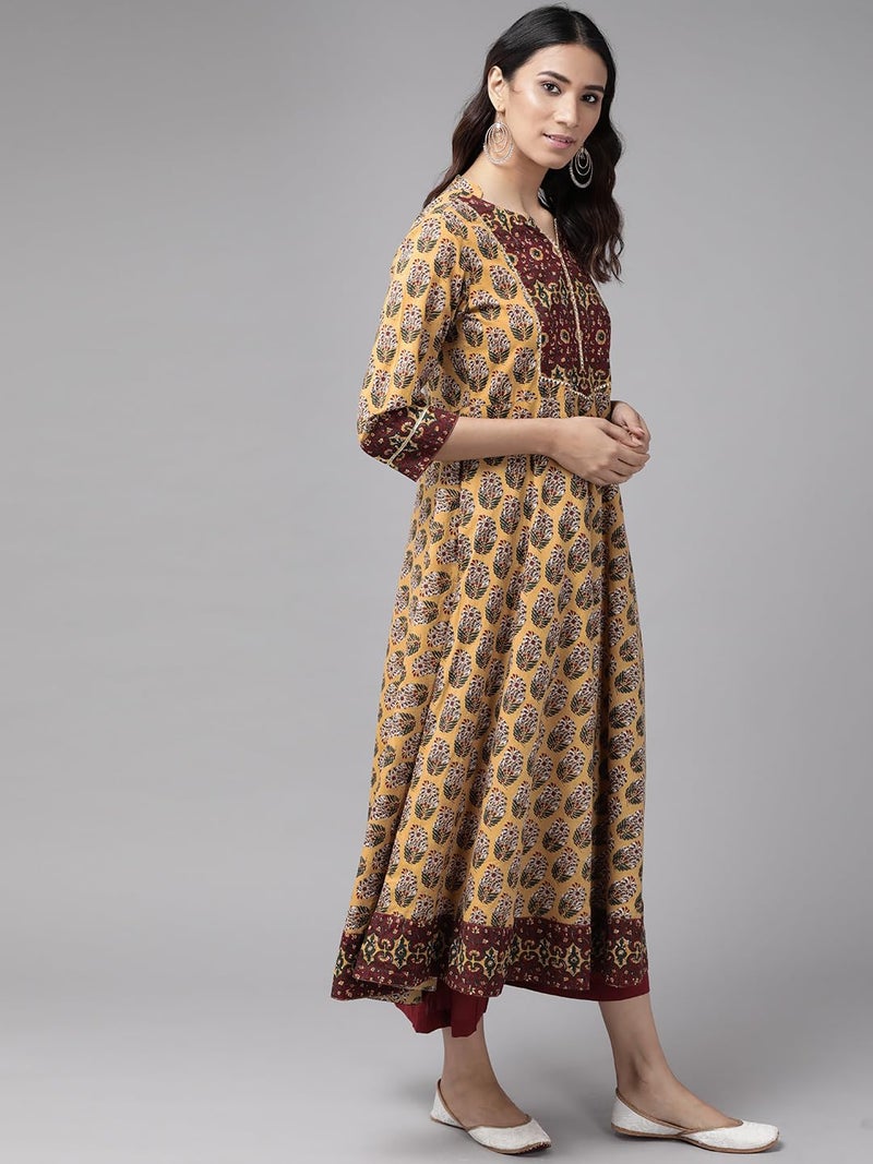 Yash Gallery Women Cotton Regular Fit Floral Printed Anarkali Kurta (1354YKMUSTARD_XS) Yellow - Image 2