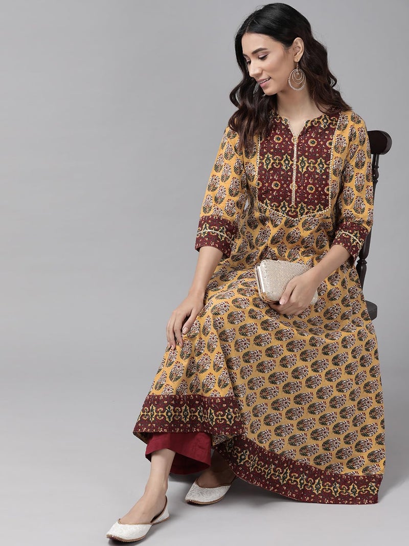 Yash Gallery Women Cotton Regular Fit Floral Printed Anarkali Kurta (1354YKMUSTARD_XS) Yellow - Image 3