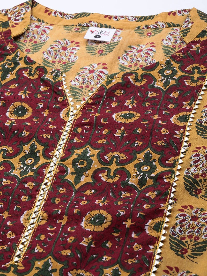 Yash Gallery Women Cotton Regular Fit Floral Printed Anarkali Kurta (1354YKMUSTARD_XS) Yellow - Image 5