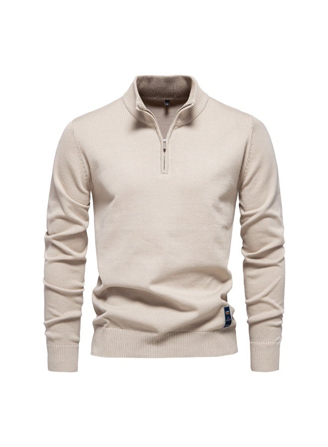 Autumn Winter Men's Half Zipper Knitted Pullovers Solid Slin Fit Casual Sweater Male Fleece Warm Stand Collar Pullover Sweaters - Image 1