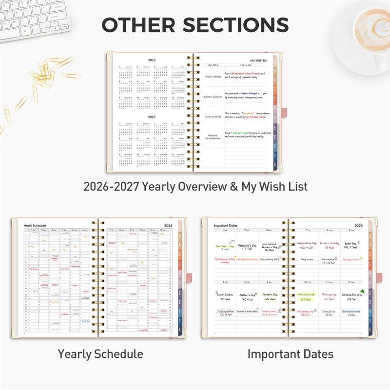 RETTACY 2026 Planner, Weekly and Monthly, Medium Size (5.7" x 8.3"), Jan - Dec 2026, Agenda, Calendar, 12 Month Tabs, Hardcover, 100 GSM Thick Paper, Spiral-bound (Pink) - Image 4