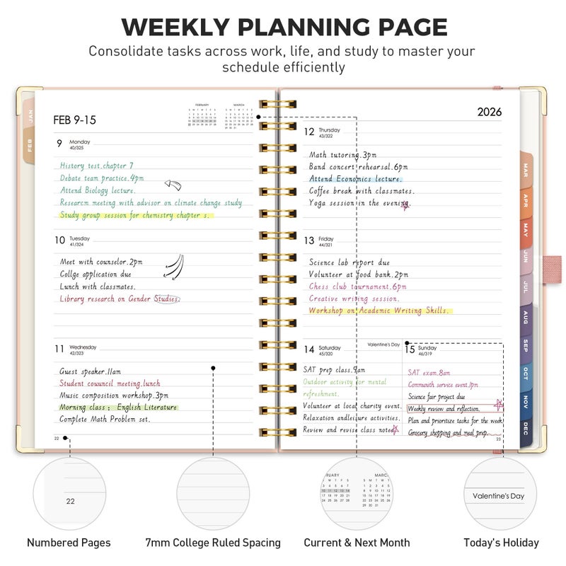 RETTACY 2026 Planner, Weekly and Monthly, Medium Size (5.7" x 8.3"), Jan - Dec 2026, Agenda, Calendar, 12 Month Tabs, Hardcover, 100 GSM Thick Paper, Spiral-bound (Pink) - Image 2