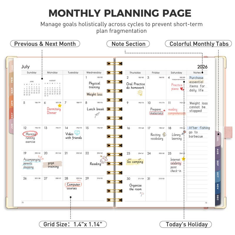 RETTACY 2026 Planner, Weekly and Monthly, Medium Size (5.7" x 8.3"), Jan - Dec 2026, Agenda, Calendar, 12 Month Tabs, Hardcover, 100 GSM Thick Paper, Spiral-bound (Pink) - Image 3