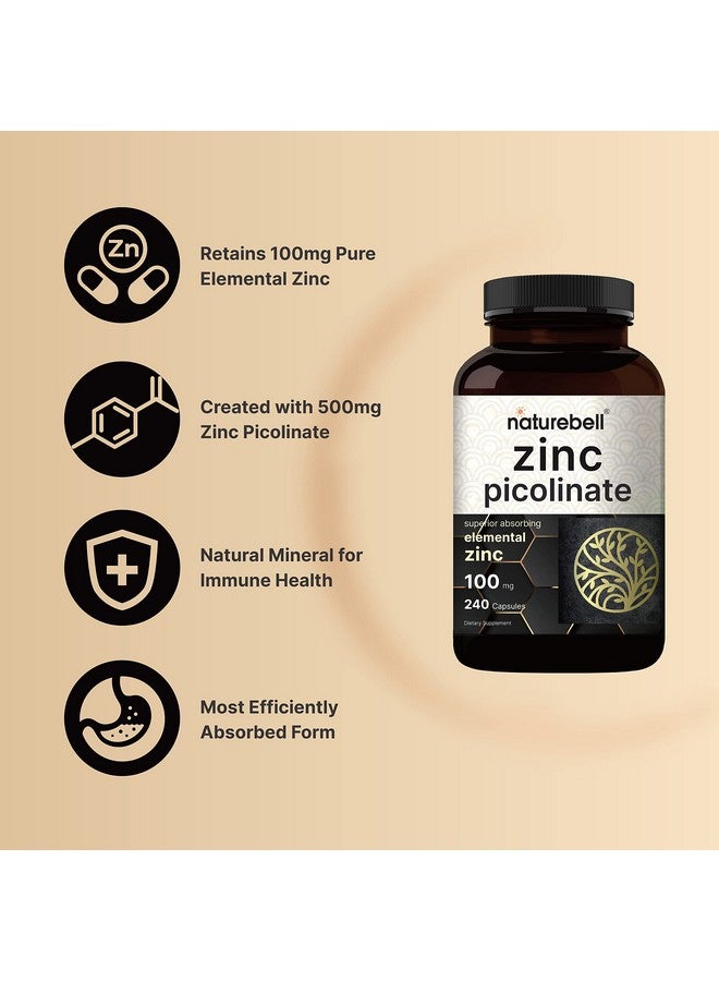 NatureBell عبوة 2 من مكمل الزنك بتركيز قوي 100 ملغ زنك بيكولينات 480 كبسولة فيتامين الزنك وفيتامينات المناعة لوظيفة الإنزيم ودعم المناعة غير معدلة وراثيًا ومصنوعة في الولايات المتحدة - Image 4
