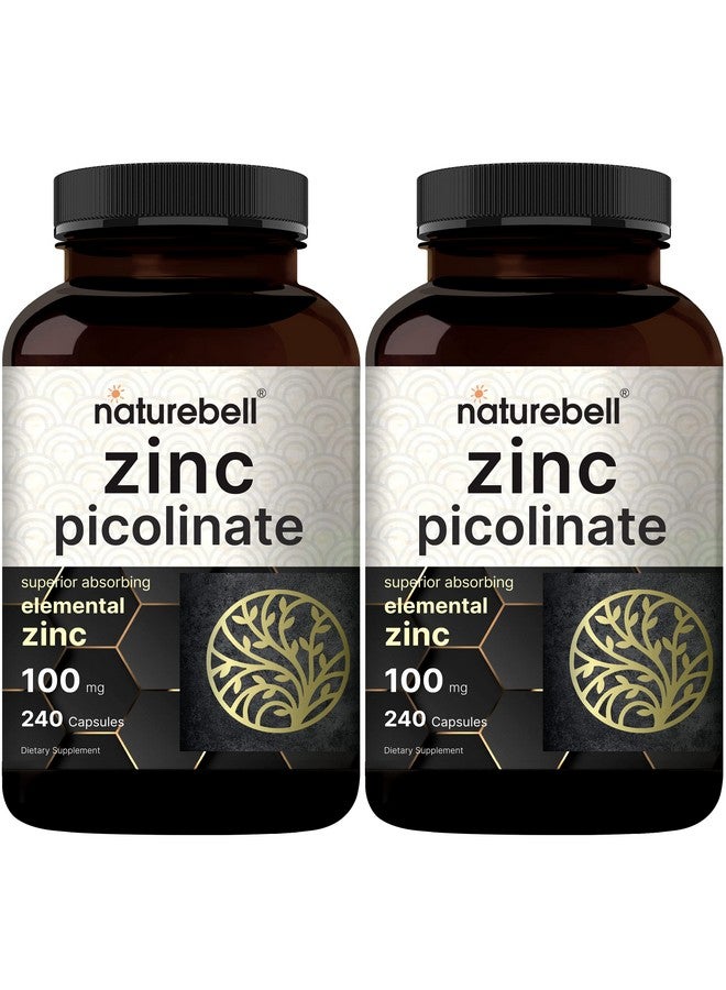NatureBell عبوة 2 من مكمل الزنك بتركيز قوي 100 ملغ زنك بيكولينات 480 كبسولة فيتامين الزنك وفيتامينات المناعة لوظيفة الإنزيم ودعم المناعة غير معدلة وراثيًا ومصنوعة في الولايات المتحدة - Image 1