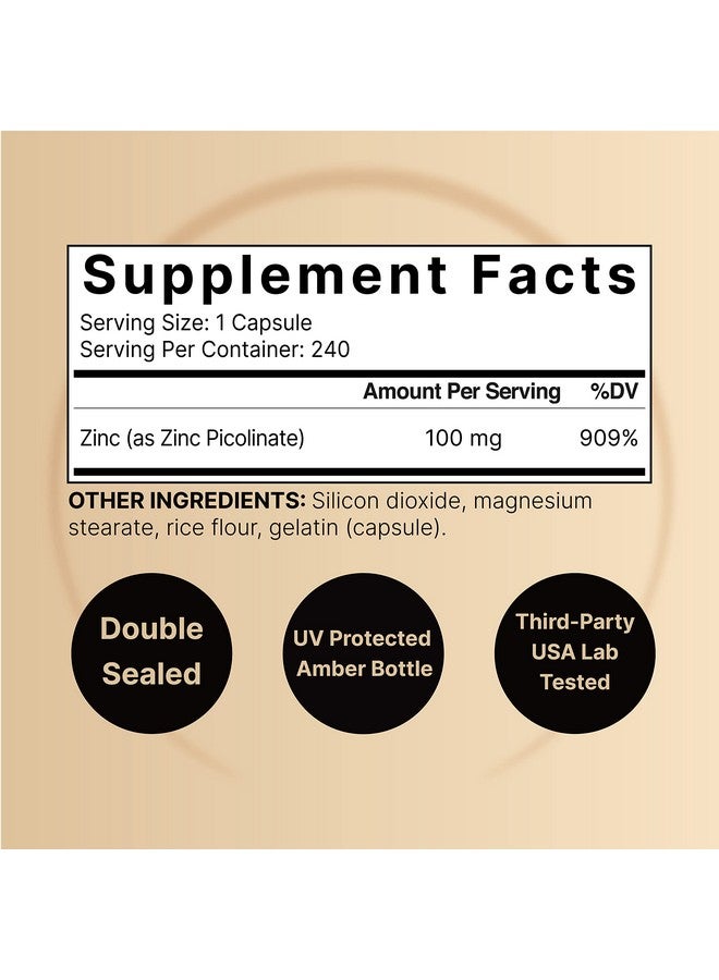 NatureBell عبوة 2 من مكمل الزنك بتركيز قوي 100 ملغ زنك بيكولينات 480 كبسولة فيتامين الزنك وفيتامينات المناعة لوظيفة الإنزيم ودعم المناعة غير معدلة وراثيًا ومصنوعة في الولايات المتحدة - Image 3