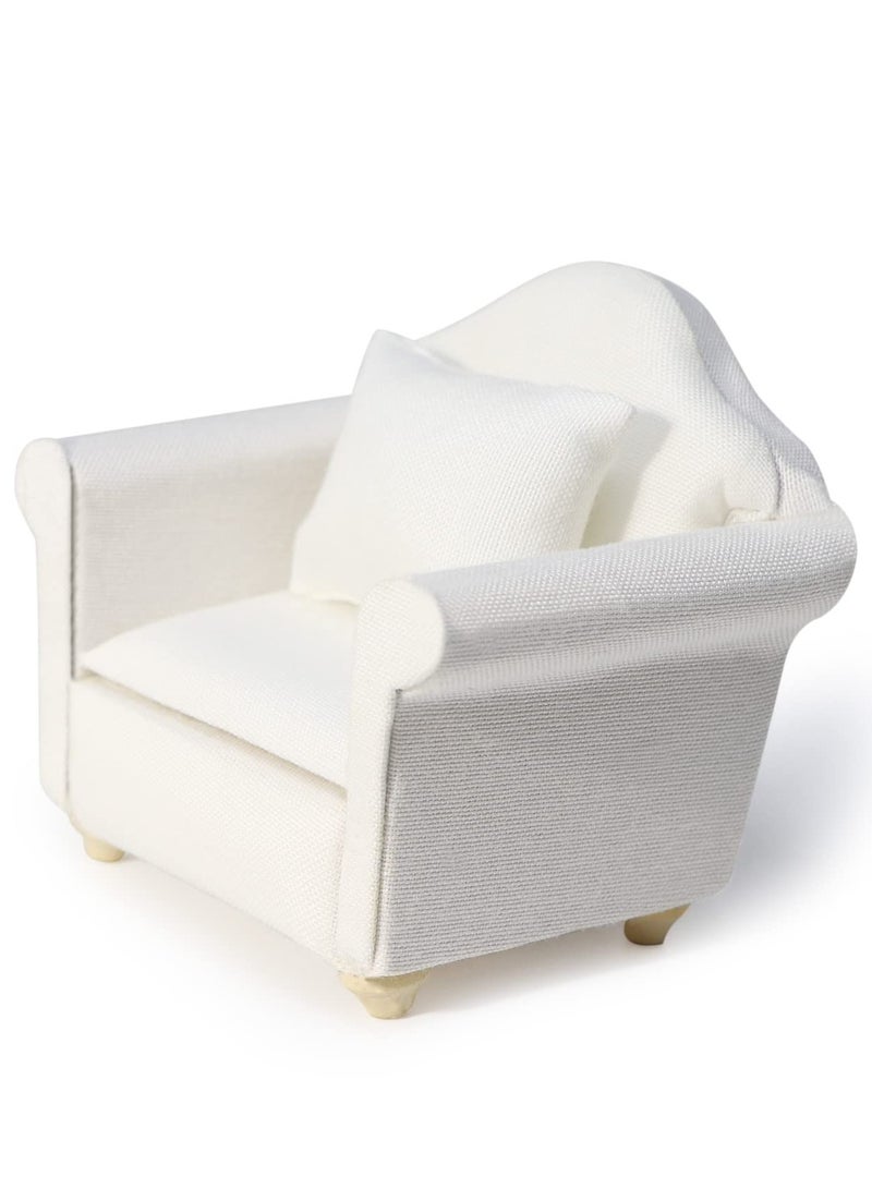 Excefore Dollhouse Couch With Pillow, 1 : 12 Scale Miniature Sofa Arm Chair Living Room Furniture Wooden Fabric Frame Single Reading Chair Artificial House Room Scene Decoration, White - Image 1