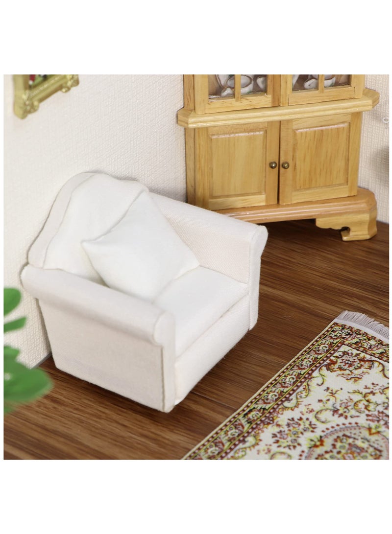 Excefore Dollhouse Couch With Pillow, 1 : 12 Scale Miniature Sofa Arm Chair Living Room Furniture Wooden Fabric Frame Single Reading Chair Artificial House Room Scene Decoration, White - Image 5