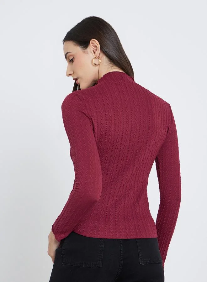 Styli Styli Burgundy Mock Neck Textured Knit Fitted Top