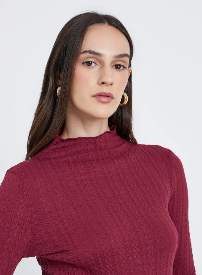 Styli Styli Burgundy Mock Neck Textured Knit Fitted Top