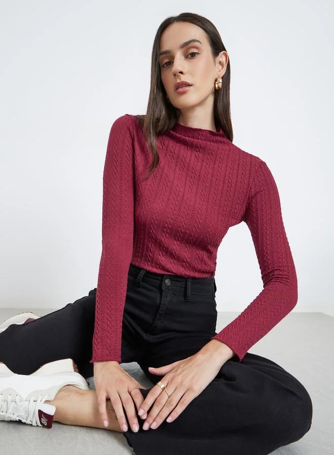 Styli Styli Burgundy Mock Neck Textured Knit Fitted Top