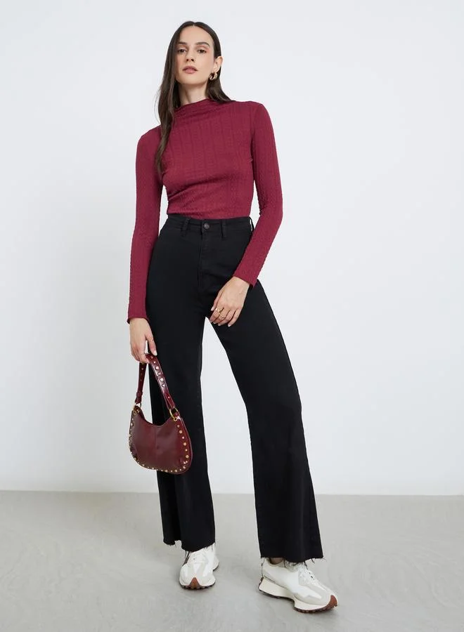 Styli Styli Burgundy Mock Neck Textured Knit Fitted Top