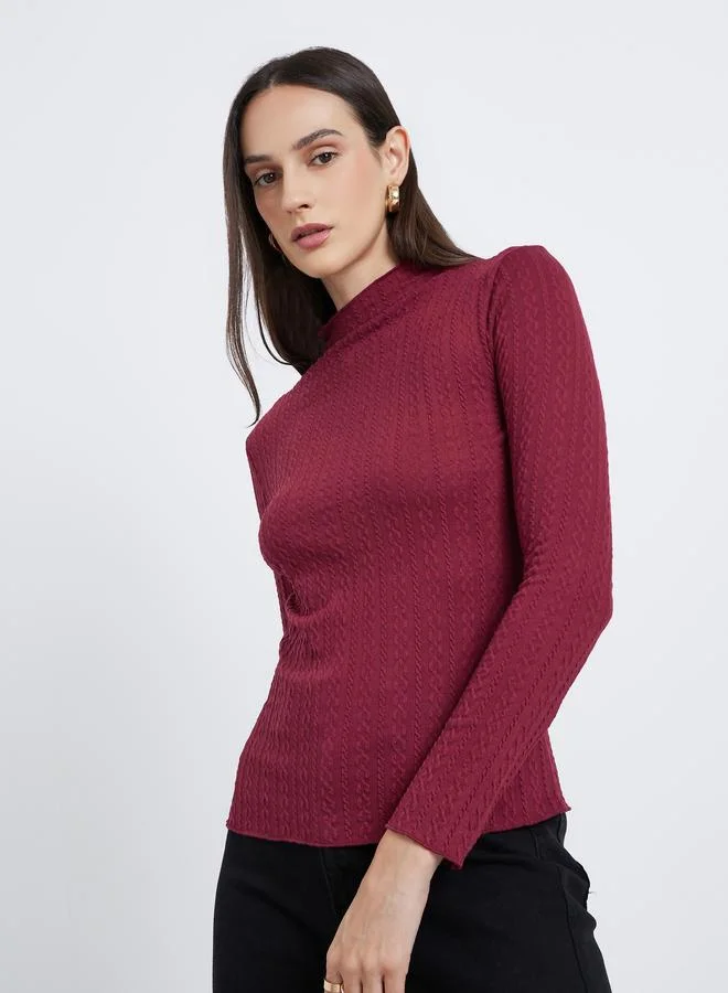 Styli Styli Burgundy Mock Neck Textured Knit Fitted Top