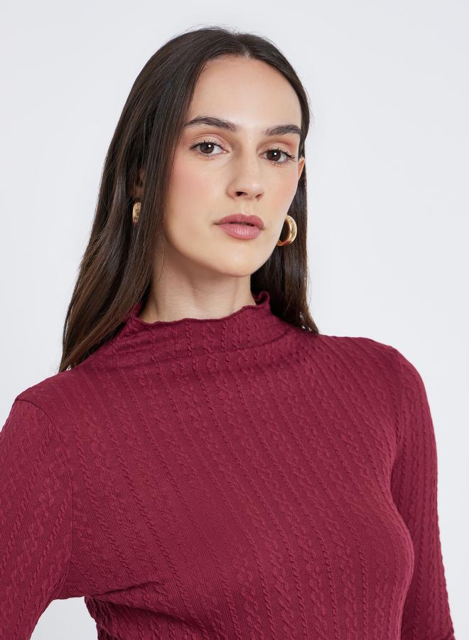 Styli Burgundy Mock Neck Textured Knit Fitted Top - Image 1