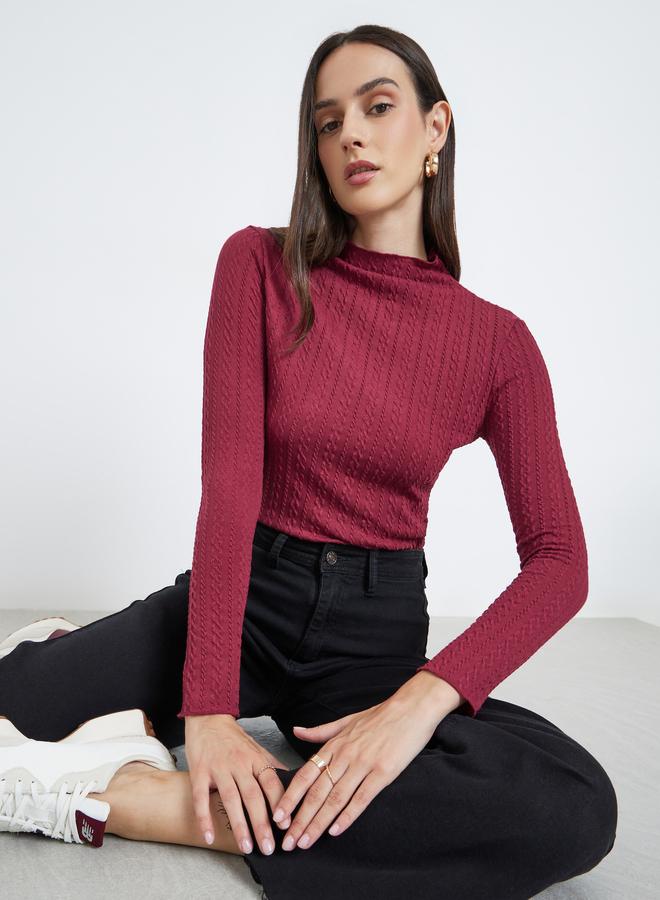 Styli Burgundy Mock Neck Textured Knit Fitted Top - Image 4