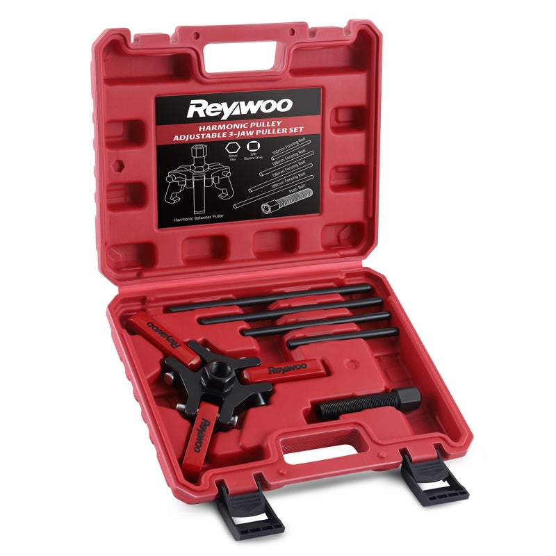 Reywoo Harmonic Balancer Puller Kit, Adjustable 3-Jaw Puller for Removing Harmonic Damper Pulley Compatible with Chevy GM Chrysler Cadillac Ford, Forcing Screw Fits a 3/8" Square Drive - Image 1