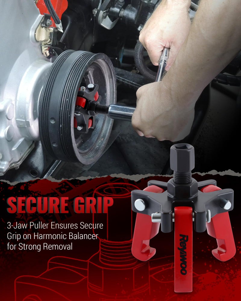 Reywoo Harmonic Balancer Puller Kit, Adjustable 3-Jaw Puller for Removing Harmonic Damper Pulley Compatible with Chevy GM Chrysler Cadillac Ford, Forcing Screw Fits a 3/8" Square Drive - Image 5