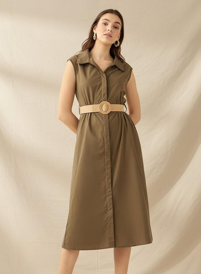 Splash FAV Shirt Midi Length Cotton Dress with Belt - Image 1