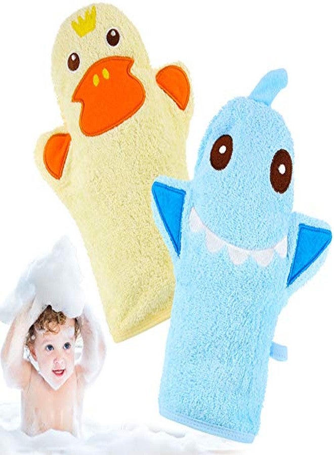 Shappy 2 Pieces Baby Bath Mitt Washcloths with Cute Animal Designs Yellow Duck Shark Towel Gentle Soft Scrub for Toddler Bath and Shower - Image 1