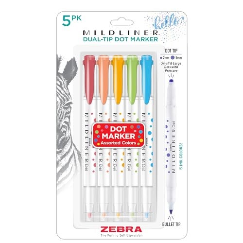 Zebra Pen Mildliner DualTip Dot Stamp Marker WaterBased Pigment Ink Create Small and Large Bullets Dots Five Assorted Colors Ideal for Journaling and Bulleted Lists 5Pack 73405 - Image 1