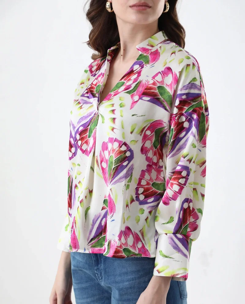 ريريزم Women's Tropical Print V-Neck Full Sleeve Shirt