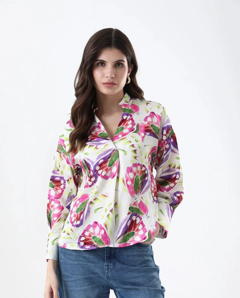 ريريزم Women's Tropical Print V-Neck Full Sleeve Shirt