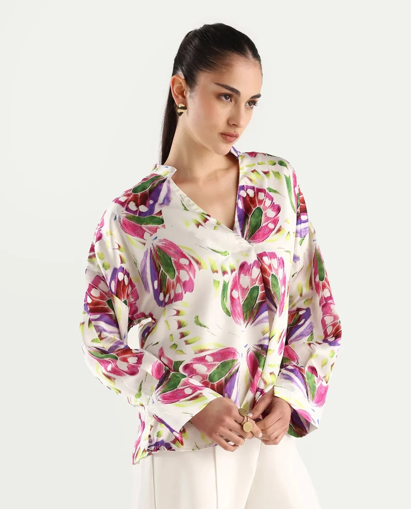 Rareism Women's Tropical Print V-Neck Full Sleeve Shirt