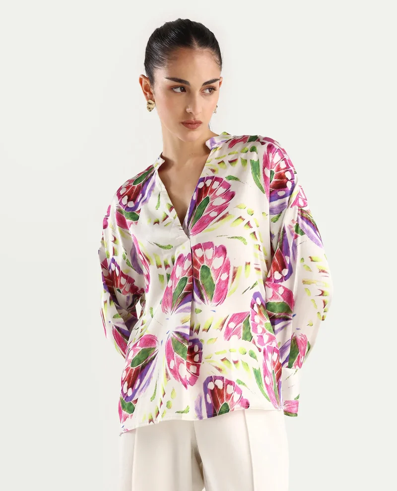 Rareism Women's Tropical Print V-Neck Full Sleeve Shirt
