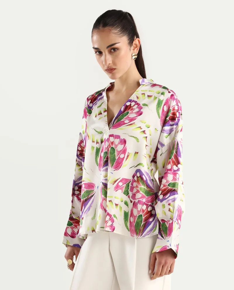Rareism Women's Tropical Print V-Neck Full Sleeve Shirt
