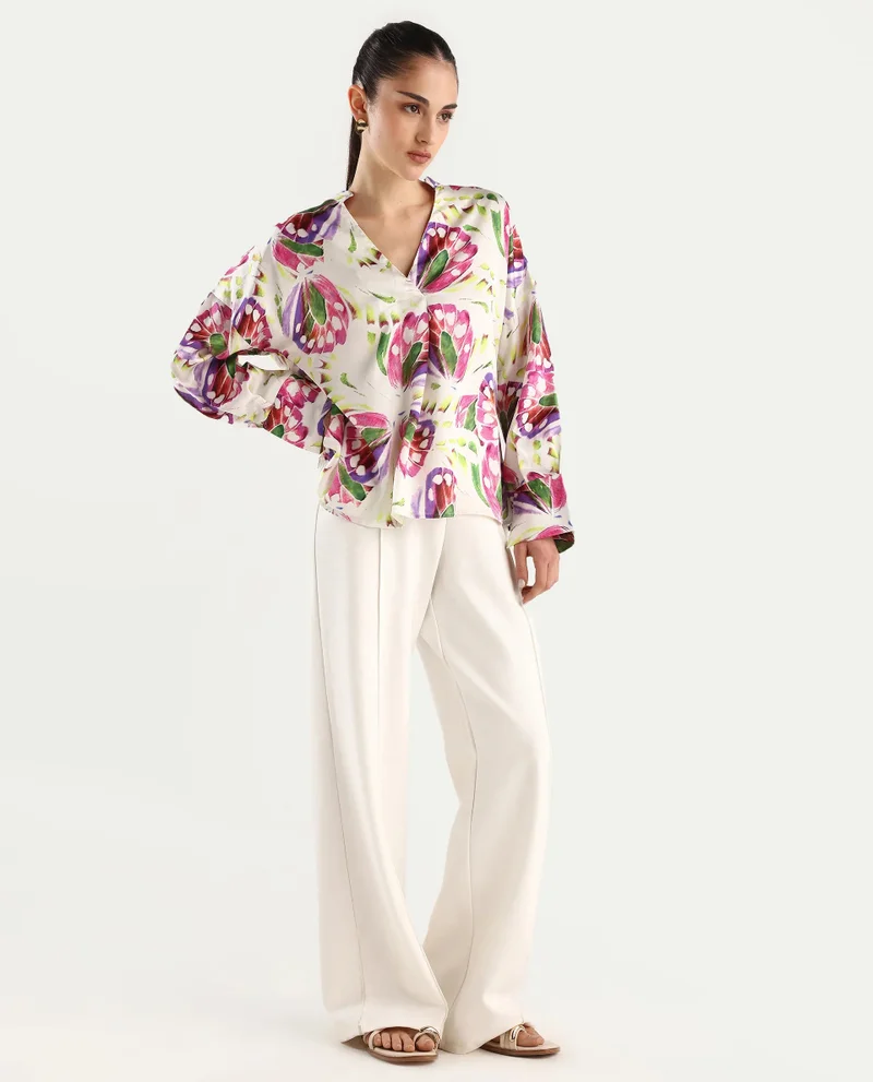 Rareism Women's Tropical Print V-Neck Full Sleeve Shirt