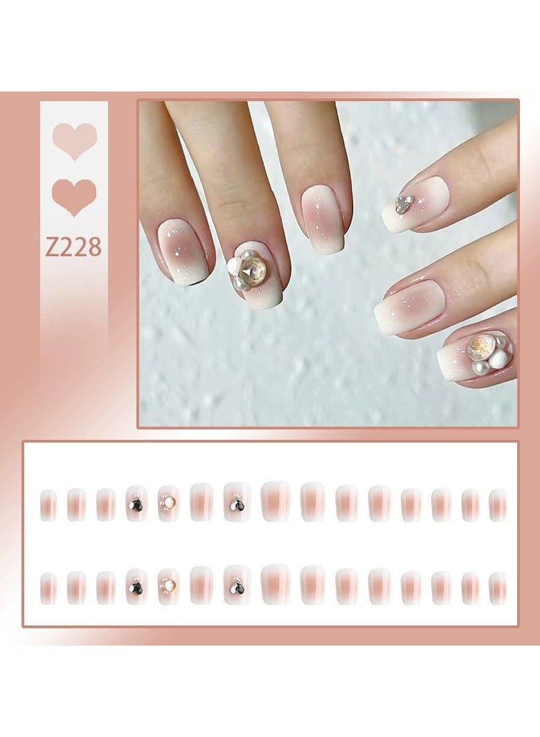 Goolsky Soft Girl Blush White Press On Nails Short Cute Rhinestone Fake Nail Tips Set  - Image 1