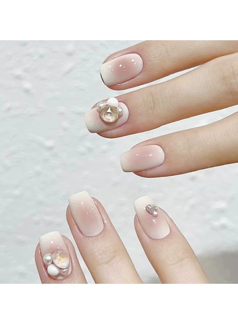 Goolsky Soft Girl Blush White Press On Nails Short Cute Rhinestone Fake Nail Tips Set  - Image 3