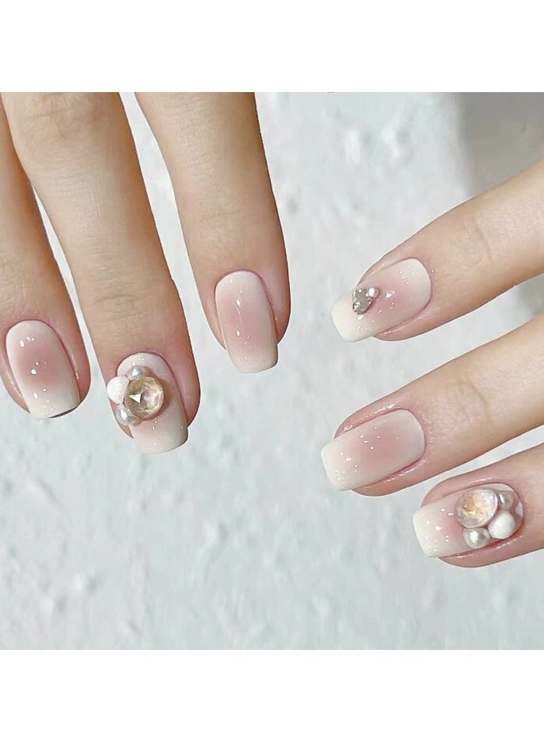 Goolsky Soft Girl Blush White Press On Nails Short Cute Rhinestone Fake Nail Tips Set  - Image 4