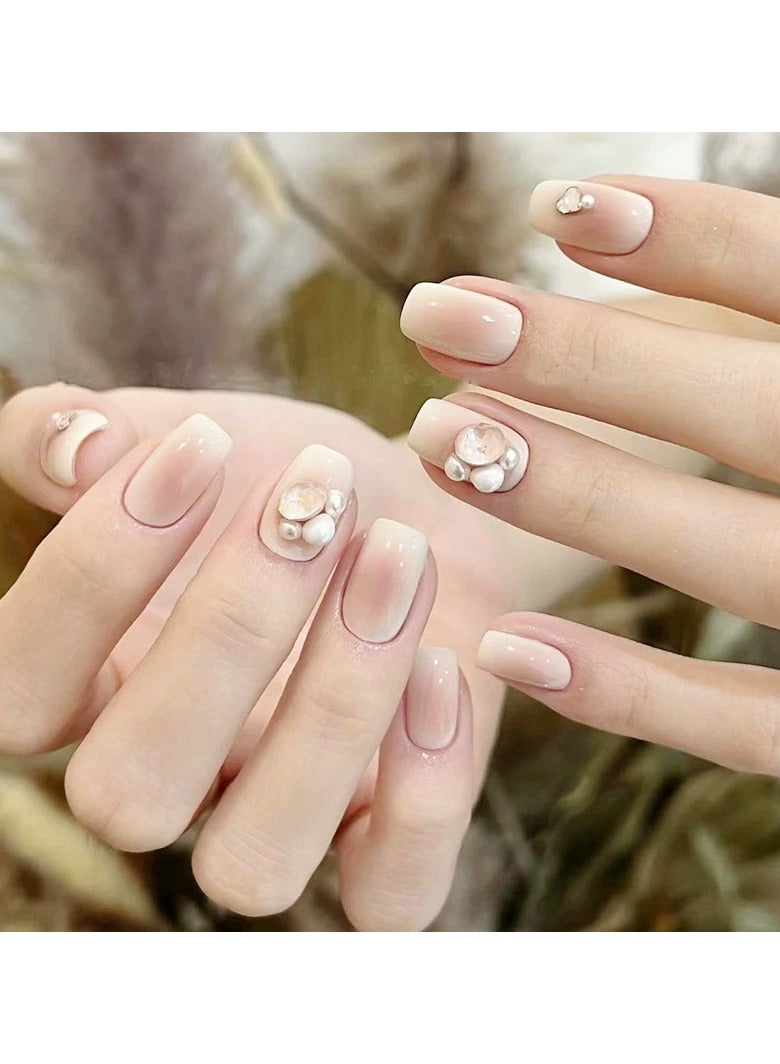 Goolsky Soft Girl Blush White Press On Nails Short Cute Rhinestone Fake Nail Tips Set  - Image 5