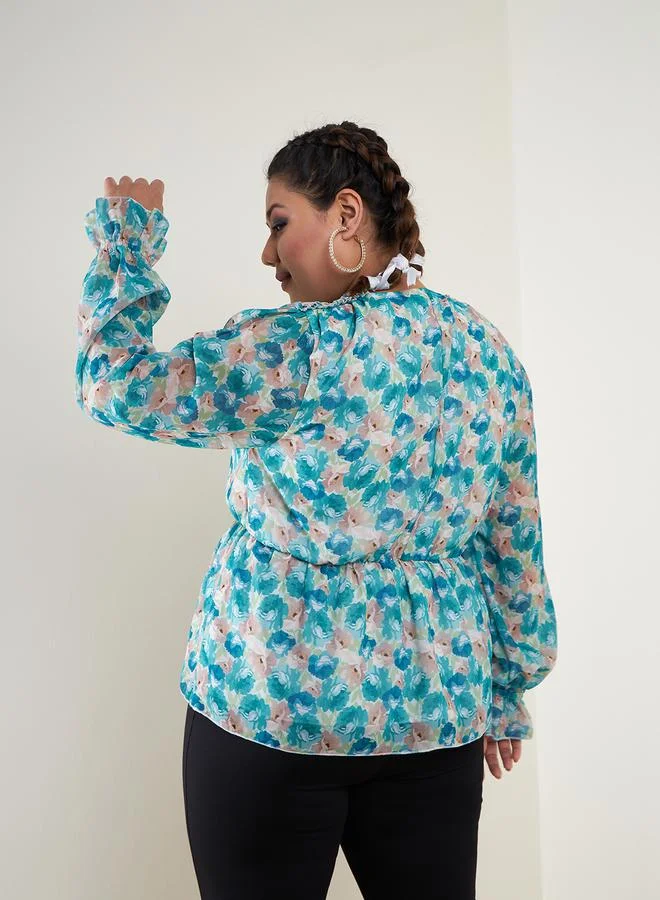 SASSAFRAS SASSAFRAS Plus Floral Print V Neck Peplum Top