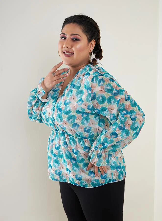SASSAFRAS SASSAFRAS Plus Floral Print V Neck Peplum Top