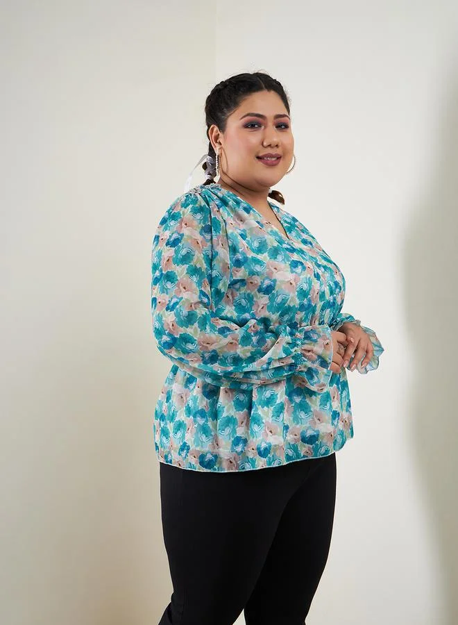 SASSAFRAS SASSAFRAS Plus Floral Print V Neck Peplum Top