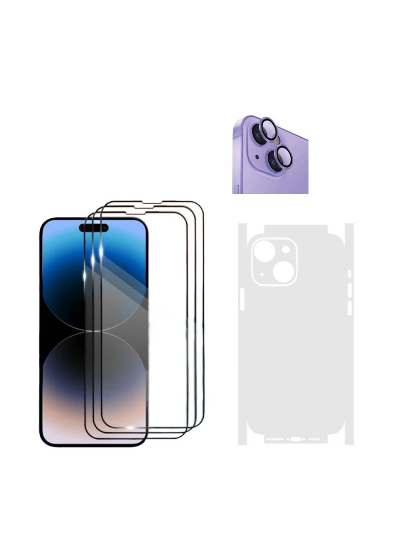 DIGI CORE - iPhone Full Coverage Set iPhone 14 Screen Protector 3 Pack 6.1 Inch 2.5D Curved Edges With iPhone 14 Camera Lens And Anti-Scratch iPhone Back PVC Clear Sheet (iPhone 14,Purple) - Image 1