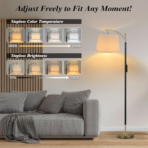 Etto Modern Dimmable Floor Lamp with Fabric & Pleated Shades, Remote & Touch Control, Adjustable Brightness & Color Temperatures, Tall Standing Lamp for Living Room Bedroom Office (Black Gold) - Image 2