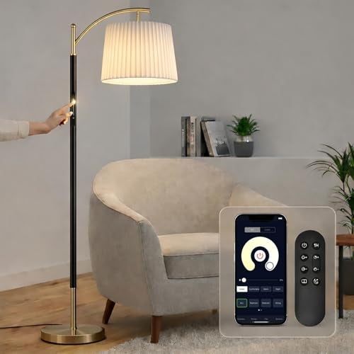 Etto Modern Dimmable Floor Lamp with Fabric & Pleated Shades, Remote & Touch Control, Adjustable Brightness & Color Temperatures, Tall Standing Lamp for Living Room Bedroom Office (Black Gold) - Image 1