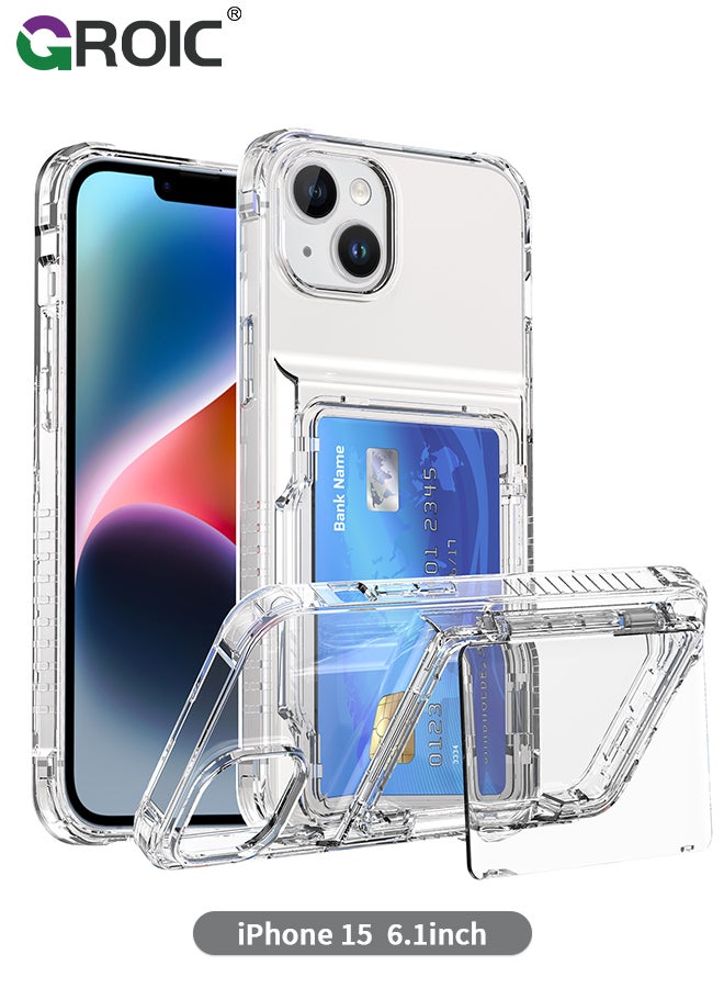 GROIC iPhone 15 Case Wallet Clear Flip Cover Kickstand 4 Card Back Pocket Credit Card Holder ID Slot Rugged TPU Bumper PC Hard Protective Armor Hybrid Shell for iPhone 15 - Image 1