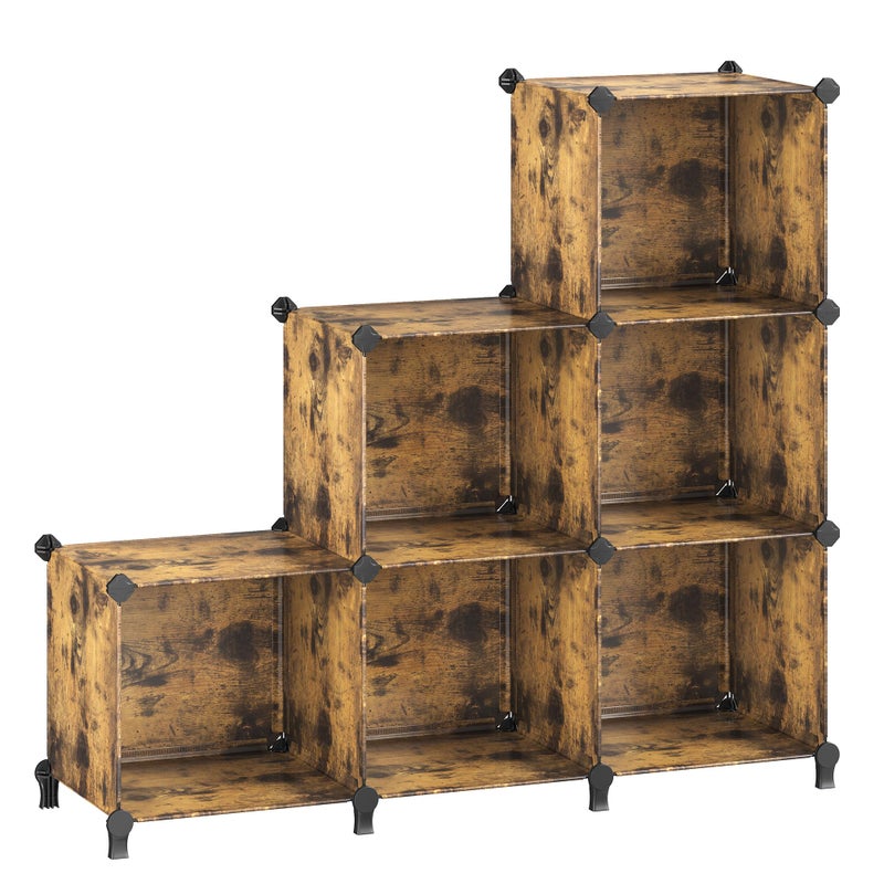 SONGMICS منظم تخزين 6 مكعبات من سونغميكس، رف كتب مودولاري، منظمات خزائن تخزين بلاستيكية قابلة للتكديس 146 × 13 × 13 بوصة مع أرجل ومطرقة مطاطية بني ريفي ULPC206A01