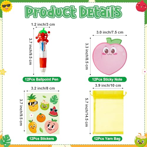 CY2SIDE Fruit Stationery Party Gift 12 Pack Fruit Stationery Gifts Set Include 4in1 Ballpoint Pens Sticky Notes Stickers and Organza Tutti Party Favors Goodie Bag Fillers for School Rewards - Image 5