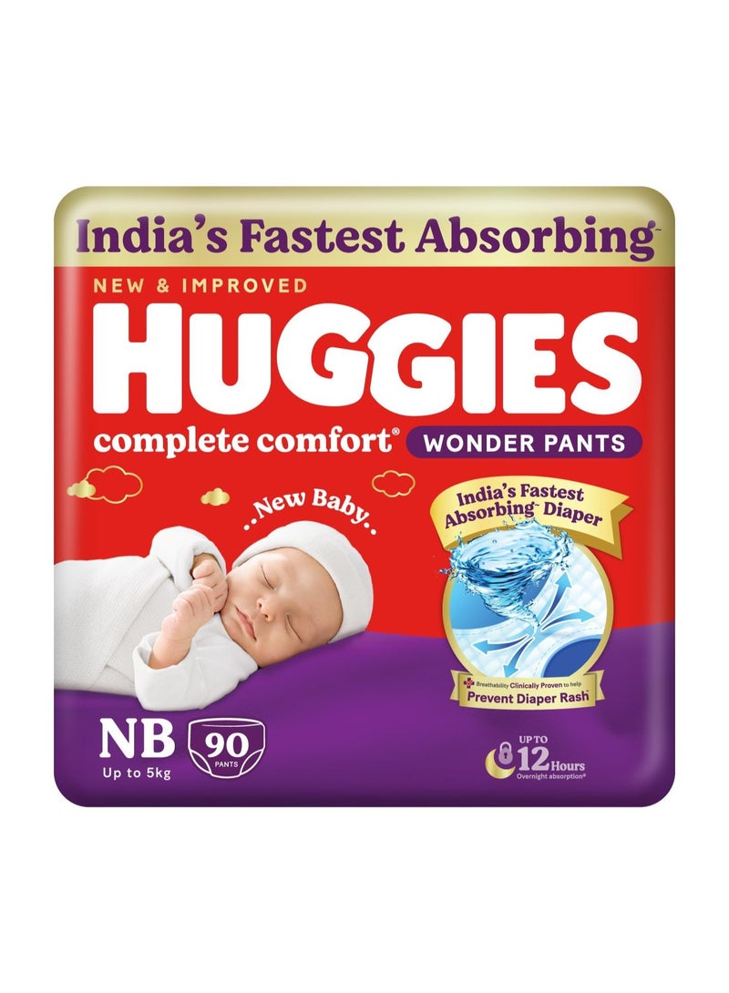 Huggies Complete Comfort Wonder Pants | Pant Style Baby Diapers Newborn Size (NB), 90 Count | India's Fastest Absorbing Diaper, Prevents Diaper Rash, Ideal for 0-5 Kgs - Image 1
