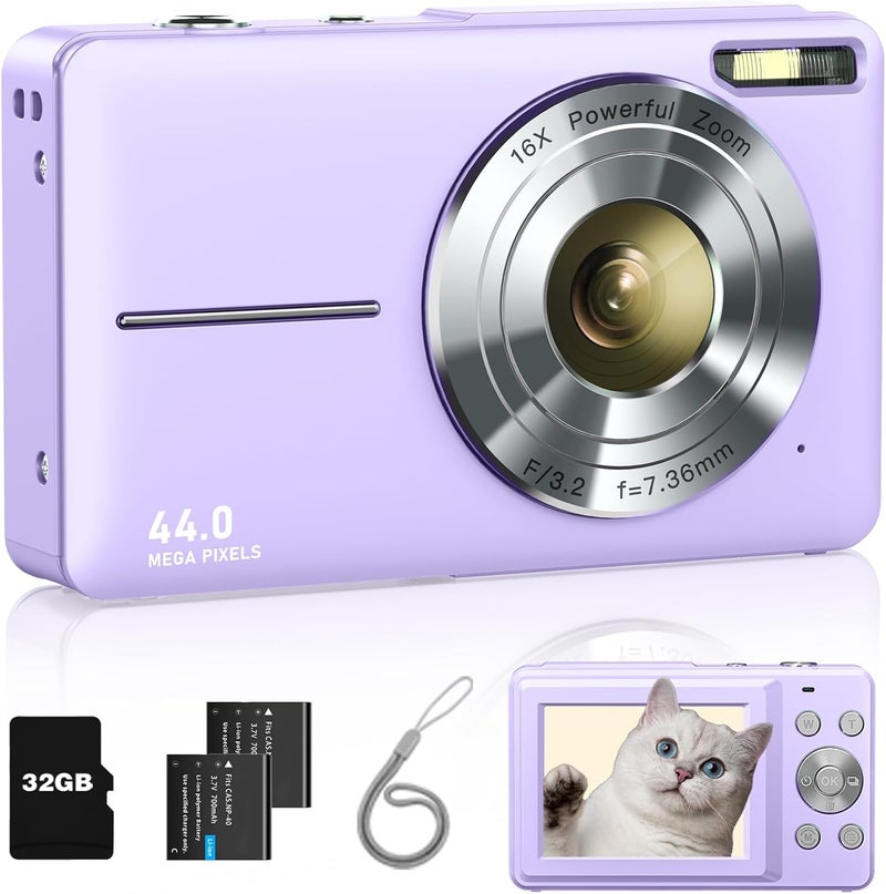 Lecran Digital Camera, FHD 1080P Kids Camera with 32GB Card, 2 Batteries, Lanyard, 16X Zoom Anti Shake, 44MP Compact Portable Point Shoot Camera for Kids Student Children Teens Girl Boy(Rose Violet) - Image 1